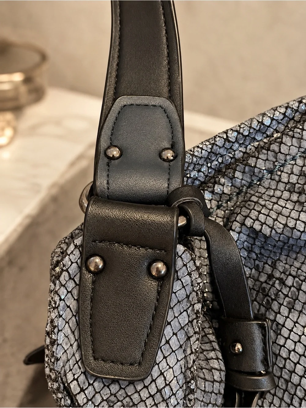 Sondra Roberts Squared Metallic Snake Print Hobo Bag Tassel Pewter